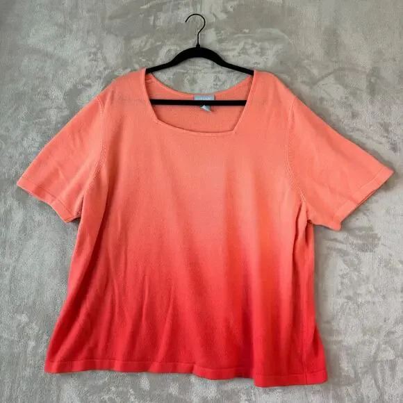 Liz & Me Top Womens 3X Orange Coral Romantic Ombre Blouse Square Neckline - Picture 1 of 8